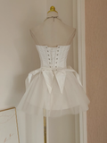 A line Strapless White Travel Vacation Dresses Short Satin Birthday Dress SD148