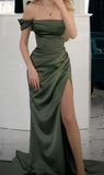 Mermaid Off The Shoulder Green Long Evening Dress Satin Slit Prom Dresses SD1495 HZ0628