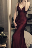 Mermaid Spaghetti Straps Burgundy Long Evening Dress Satin Prom Dresses SD1496