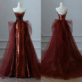 Sheath Strapless Sequin Burgundy Long Party Dress Prom Dresses SD1502