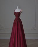A line Straps Sequin Burgundy Long Party Dress Prom Dresses SD1503 HZ0628