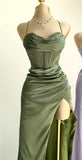 Mermaid Spaghetti Straps Olive Green Long Evening Dress Backless Prom Dresses SD1505