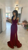 Mermaid Spaghetti Straps Burgundy Long Evening Dress Satin Prom Dresses SD1507 HZ0628