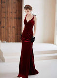 Mermaid Straps Burgundy Long Evening Dress Velvet Prom Dresses SD1508 HZ0628