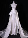 White Mermaid Satin Strapless Pleats Wedding Dress SD1512