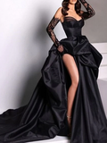 Ball Gown Strapless Burgundy Long Slit Party Dress Prom Dresses SD1513