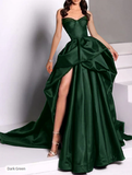 Ball Gown Strapless Burgundy Long Slit Party Dress Prom Dresses SD1513