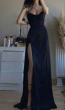 A Line Spaghetti Straps Black Satin Slit Party Dress Long Prom Dresses SD1516