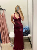 Sheath Halter V Neckline Burgundy Satin Slit Party Dress Long Prom Dresses SD1520 HZ0628