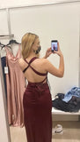 Sheath Halter V Neckline Burgundy Satin Slit Party Dress Long Prom Dresses SD1520 HZ0628