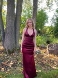 Sheath Halter V Neckline Burgundy Satin Slit Party Dress Long Prom Dresses SD1520 HZ0628