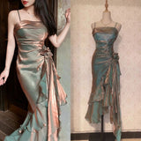 Mermaid Spaghetti Straps Satin Long Party Dress Prom Dresses SD1523 HZ0628