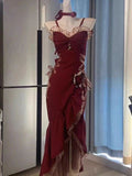 Mermaid Spaghetti Straps Burgundy Long Evening Dress Prom Dresses SD1548