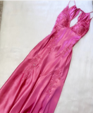 Mermaid Spaghetti Straps Pink Satin Backless Long Evening Dress Prom Dresses SD1549 HZ0628