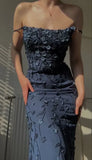 Mermaid Spaghetti Straps Satin Navy Blue Floral Long Evening Dress Prom Dresses SD1551 HZ0628