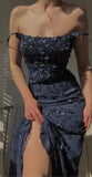 Mermaid Spaghetti Straps Satin Navy Blue Floral Long Evening Dress Prom Dresses SD1551 HZ0628