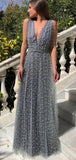 V-neck Sleeveless A-line Satin Evening Prom Dresses SD1592