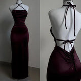 Mermaid Halter Floor Length Burgundy Backless Evening Dress Prom Dresses SD1595 HZ0628