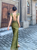 Mermaid V Neckline Short Sleeves Lace Green Floor Length Evening Dress Prom Dresses SD1604