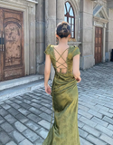 Mermaid V Neckline Short Sleeves Lace Green Floor Length Evening Dress Prom Dresses SD1604