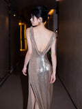 Mermaid Sequin Backless Floor Length Evening Dress Prom Dresses SD1610