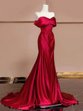 Mermaid Off The Shoulder Satin Red Floor Length Evening Dress Prom Dresses SD1614 HZ0628