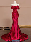 Mermaid Off The Shoulder Satin Red Floor Length Evening Dress Prom Dresses SD1614 HZ0628
