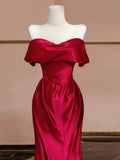 Mermaid Off The Shoulder Satin Red Floor Length Evening Dress Prom Dresses SD1614 HZ0628