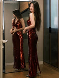Mermaid V Neckline Burgundy Floor Length Evening Dress Sequin Prom Dresses SD1619