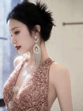 Sheath V Neckline Sequin Rose Pink Floor Length Evening Dress Prom Dresses SD1625