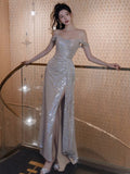 Sheath Off The Shoulder Sequin Slit Floor Length Evening Dress Prom Dresses SD1626