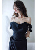 Sheath Off The Shoulder Navy Blue Satin Floor Length Evening Dress Prom Dresses SD1627