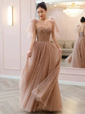 A Line Spaghetti Straps Tulle Pink Evening Dress Prom Dresses SD1638