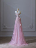 A Line Sweetheart Pink Tulle Sequin Flowers Evening Dress Prom Dresses SD1640