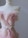 A Line Sweetheart Pink Tulle Sequin Flowers Evening Dress Prom Dresses SD1640