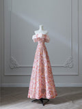A Line Off The Shoulder Sequin Pink Floor Length Evening Dress Prom Dresses SD1642