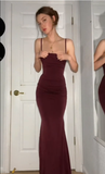 Mermaid Spaghetti Straps Burgundy Long Evening Dress Prom Dresses SD1644 HZ0628