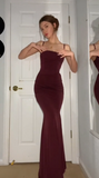 Mermaid Spaghetti Straps Burgundy Long Evening Dress Prom Dresses SD1644 HZ0628