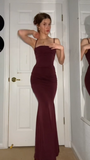 Mermaid Spaghetti Straps Burgundy Long Evening Dress Prom Dresses SD1644 HZ0628