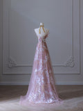 A Line Strapless Pink Tulle Flowers Evening Dress Prom Dresses SD1649