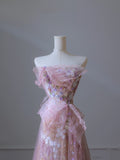 A Line Strapless Pink Tulle Flowers Evening Dress Prom Dresses SD1649