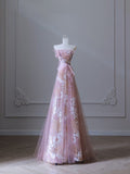 A Line Strapless Pink Tulle Flowers Evening Dress Prom Dresses SD1649