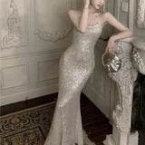 Mermaid Spaghetti Straps Sequin Floor Length Evening Dress Prom Dresses SD1650 HZ0628