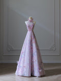 A Line High Neckline Lilac Lace Tulle Flowers Evening Dress Prom Dresses SD1651