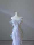 Mermaid Strapless Tulle Flowers Evening Dress Long Prom Dresses SD1652