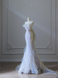 Mermaid Strapless Tulle Flowers Evening Dress Long Prom Dresses SD1652