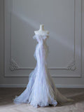 Mermaid Strapless Tulle Flowers Evening Dress Long Prom Dresses SD1652