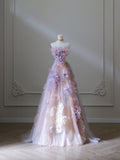 A Line Strapless Pink Lace Tulle Flowers Evening Dress Prom Dresses SD1655 HZ0628