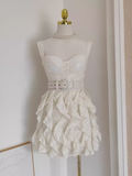 A line Straps White Sequin Travel Vacation Dresses Short Birthday Dress SD165