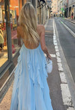 A Line Halter Blue Chiffon Backless Long Evening Dress Prom Dresses SD1660 HZ0628